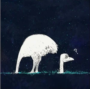 Illustrazione che mostra uno struzzo con la testa infilata nel terreno e un punto interrogativo accanto alla testa stessa che spunta poco più avanti, usata simbolicamente per riferirsi allo stato di confusione che vive nei confronti del partner chi presenta un attaccamento disorgenizzato.