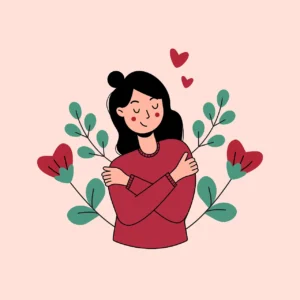 Illustrazione di una donna con capelli neri che si abbraccia da sola, circondata da rami con foglie verdi, cuori rossi e fiori a forma di cuore, usata per riferirsi ai bisogni affettivi che una persona con dipendenza affettiva non riesce spesso a soddisfare autonomamente
