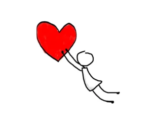 Immagine che mostra un disegno stilizzato in bianco e nero di una figura umana che vola o si allunga verso l'alto tenendo un grande cuore rosso, usata per riferirsi al bisogno di riconquistare chi si allontana in chi soffre di dipendenza affettiva, tema di cui si occupa a Cagliari, Verona e online il Dr. Alessio Congiu