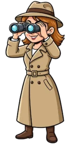 Illustrazione a fumetti di una donna con un impermeabile e un cappello beige mentre guarda attraverso un binocolo nero, usata simbolicamente per riferirsi al bisogno di conferme affettive che riguarda spesso chi soffre di dipendenza affettiva, tema di cui si occupa a Cagliari, Verona e online lo psicologo Alessio Congiu