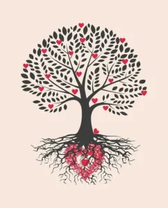 Illustrazione stilizzata che raffigura un albero con foglie scure e piccoli cuori rossi tra i rami, le cui radici racchiudono un grande cuore rosso centrale, usata per riferirsi simbolicamente alla stabilità del proprio rapporto affettivo, tema di cui si occupa il Dr. Alessio Congiu a Cagliari, Verona e online