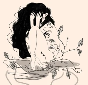 Illustrazione stilizzata che mostra una persona rannicchiata con i capelli neri che si copre il viso, circondata da rami di spine, usata simbolicamente per riferirsi alla difficoltà di chi vive una dipendenza affettiva nel lasciare la persona nociva che si ama, tema di cui occupa lo psicologo Alessio Congiu