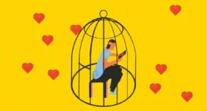 Illustrazione concettuale su sfondo giallo che mostra una persona seduta all'interno di una gabbia nera mentre guarda un tablet, circondata all'esterno da diversi cuori rossi, usata per riferirsi alla difficoltà a prendere le distanze da una persona che ci fa stare male che caratterizza chi soffre di dipendenza affettiva, tema di cui si occupa lo psicologo Alessio Congiu