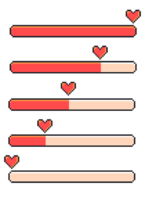 Immagine che mostra cinque barre di caricamento orizzontali in pixel art mostrano livelli decrescenti di riempimento rosso, sormontate ciascuna da un piccolo cuore rosso posizionato in corrispondenza dello stato di avanzamento, usata per riferirsi simbolicamente ai criteri per i quali è possibile parlare di dipendenza affettiva, tema di cui si occupa a Cagliari, Verona e online lo psicologo Alessio Congiu