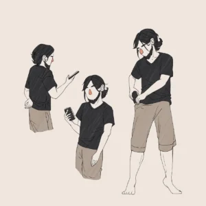 Immagine che mostra tre studi di disegno dello stesso personaggio maschile con capelli scuri, barba, maglietta nera e pantaloncini beige, colto in diverse pose mentre utilizza un telefono, usato per indicare il continuo richiamo dell'attenzione sulla persona amata in chi soffre di dipendenza affettiva, tema di cui si occupa a Cagliari, Verona e online il Dr. Alessio Congiu